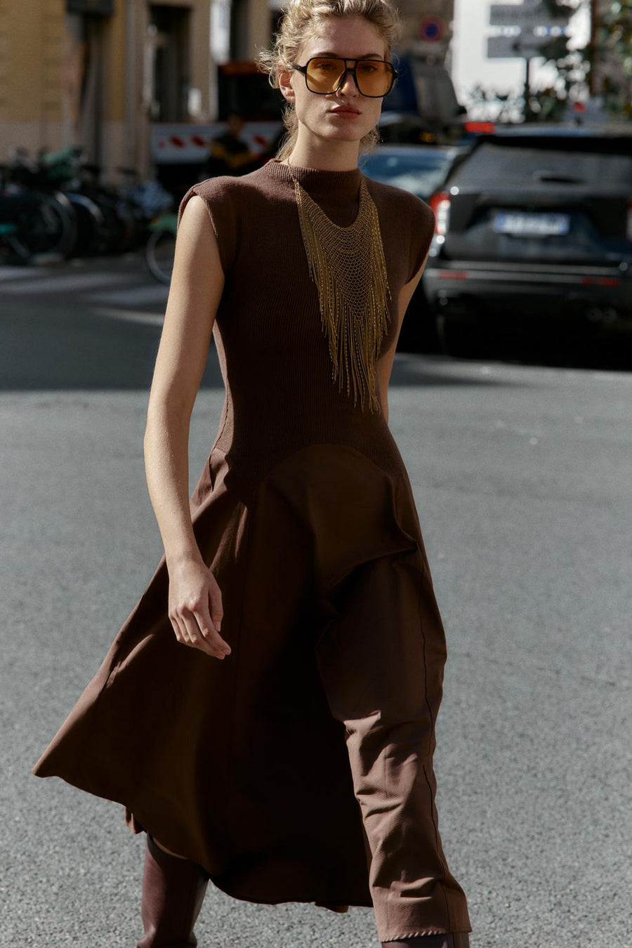 MIDI SOFT TWO-TONE DRESS WITH HIGH NECK
