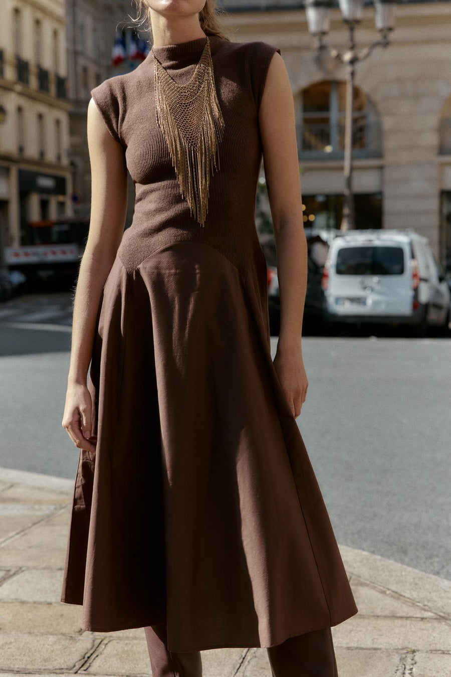 MIDI SOFT TWO-TONE DRESS WITH HIGH NECK